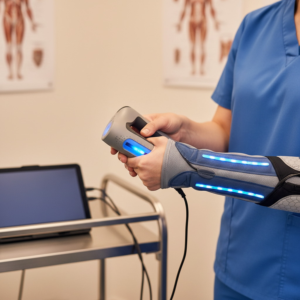 Therapist demonstrating grip technique with vibration