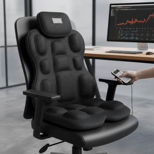 EliteForm shiatsu pad on office chair with remote