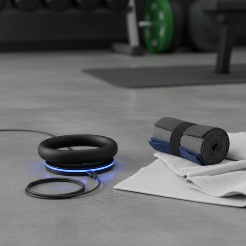 Black silicone therapy ring charging beside resistance bands