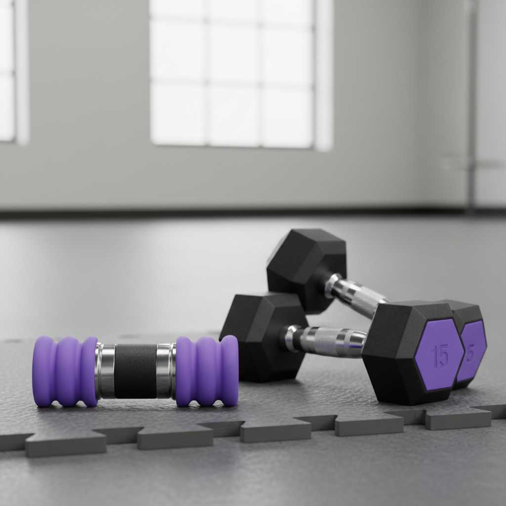 Purple grip sleeve with vibration core and hand weights