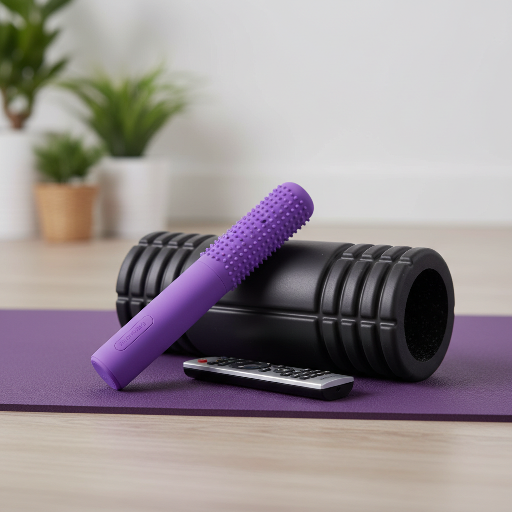 Purple massage wand with foam roller and remote on yoga mat